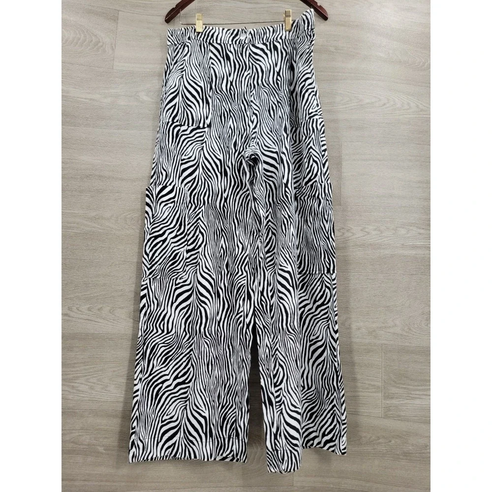 Michael Kors Zebra Linen Cargo Pants Women's Large Black White Wide Leg